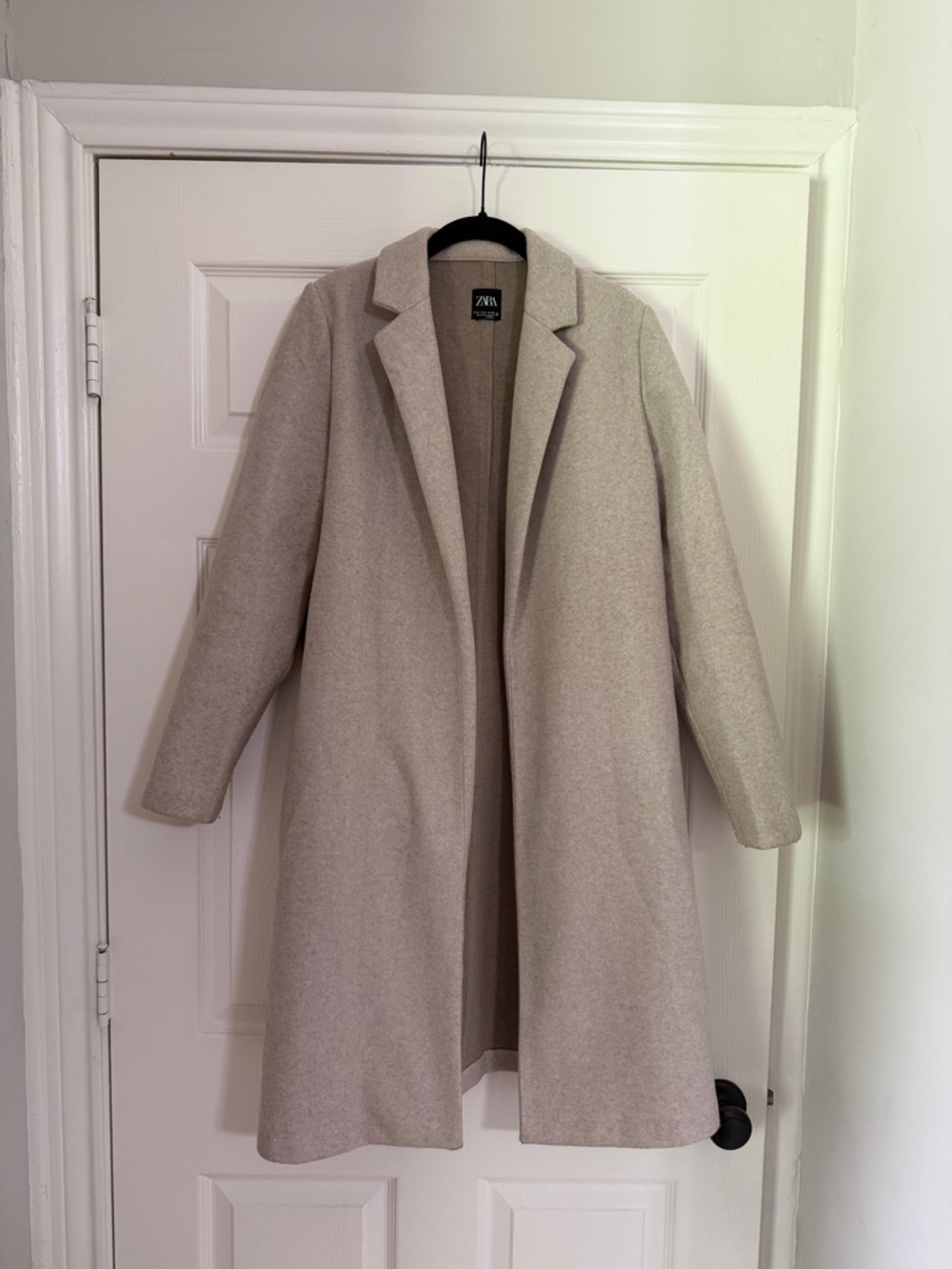 Zara Women's Beige Long Overcoat Collared Open Front Regular Fit Size M